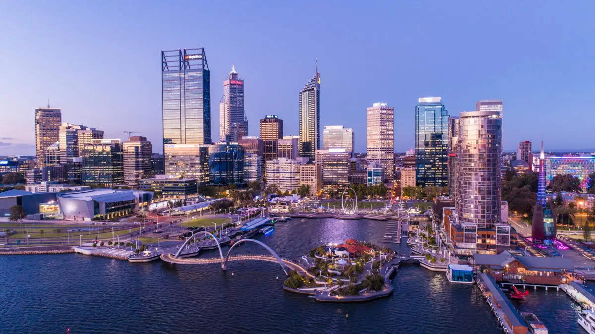 Perth skyline and Elizabeth Quay at dusk